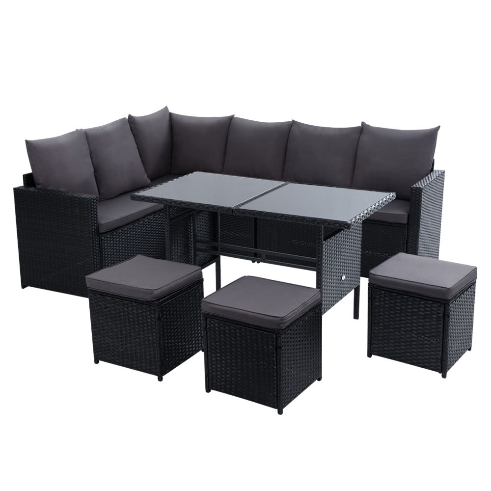 Broadbeach 9 Seater Outdoor Lounge Set, Black Wicker