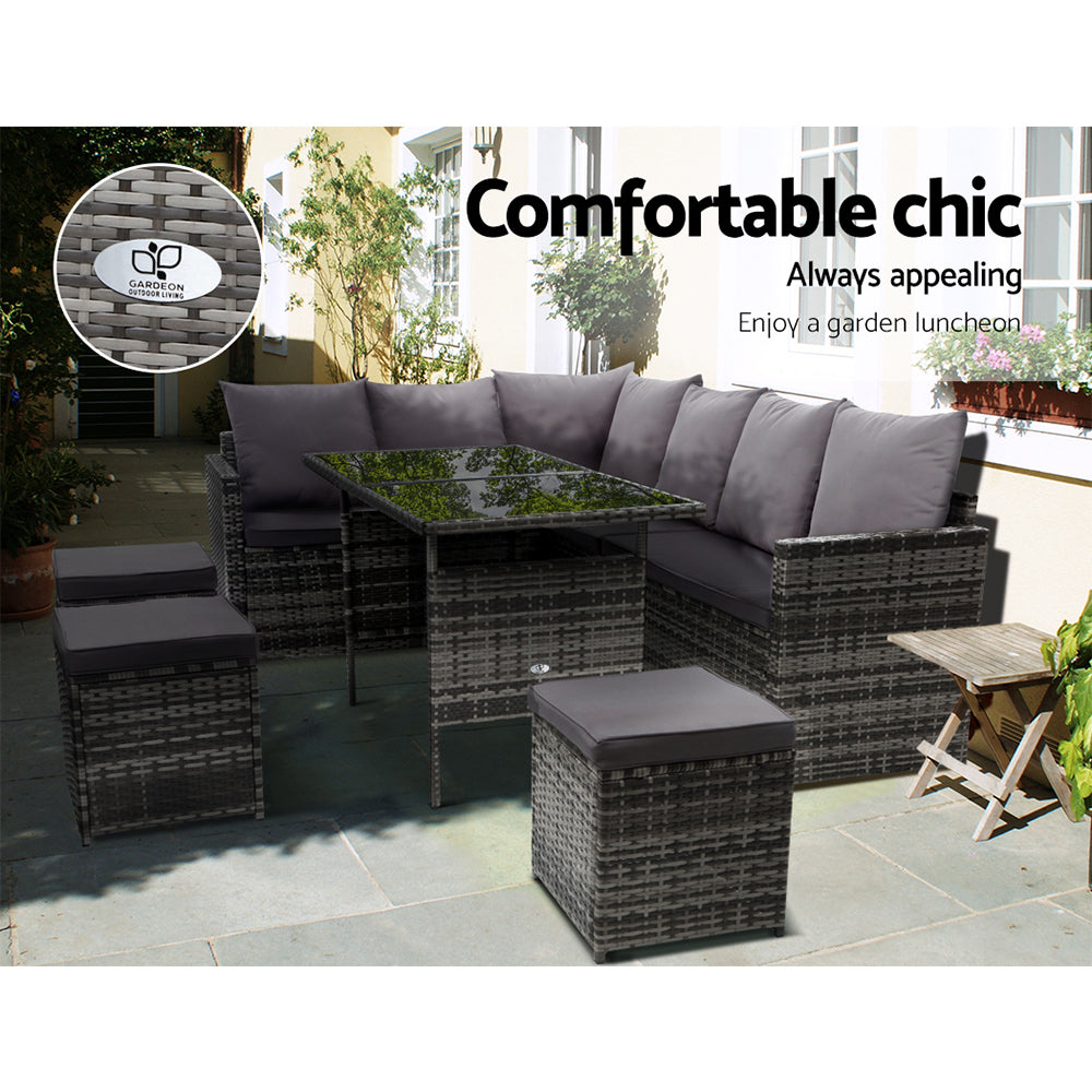 Broadbeach 9 Seater Outdoor Lounge Set, Grey Wicker