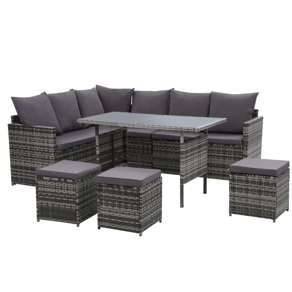 Broadbeach 9 Seater Outdoor Lounge Set, Grey Wicker