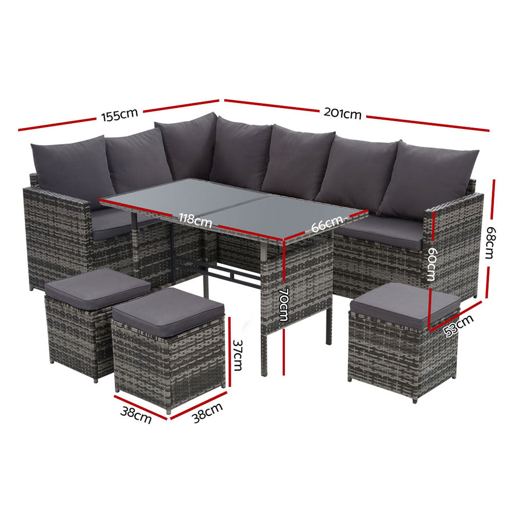 Broadbeach 9 Seater Outdoor Lounge Set with Cover, Grey Wicker