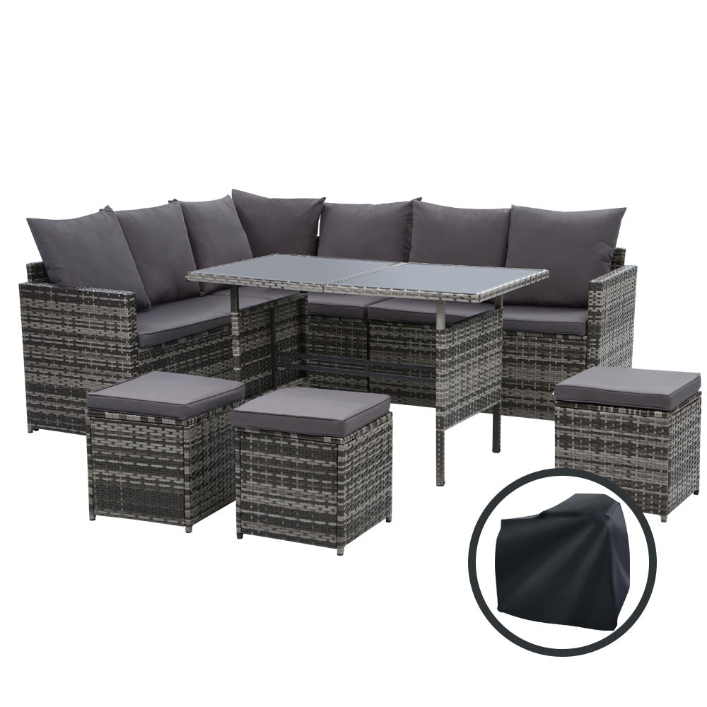 Broadbeach 9 Seater Outdoor Lounge Set with Cover, Grey Wicker