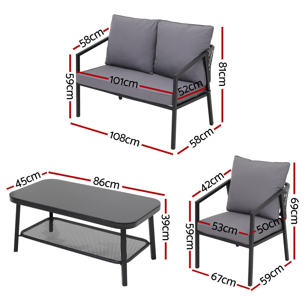 Tallebudgera 4 Piece Outdoor Lounge Set, Black Rope