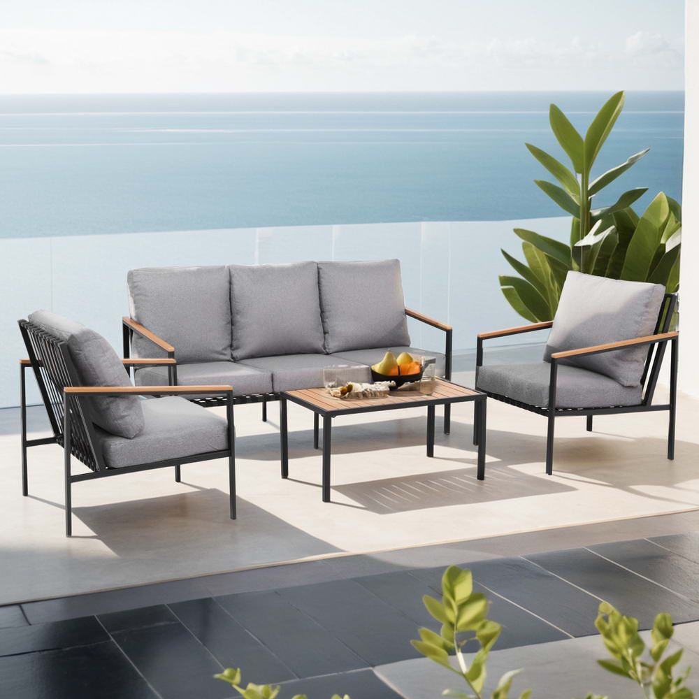 Elanora black steel outdoor lounge set in an outdoor setting