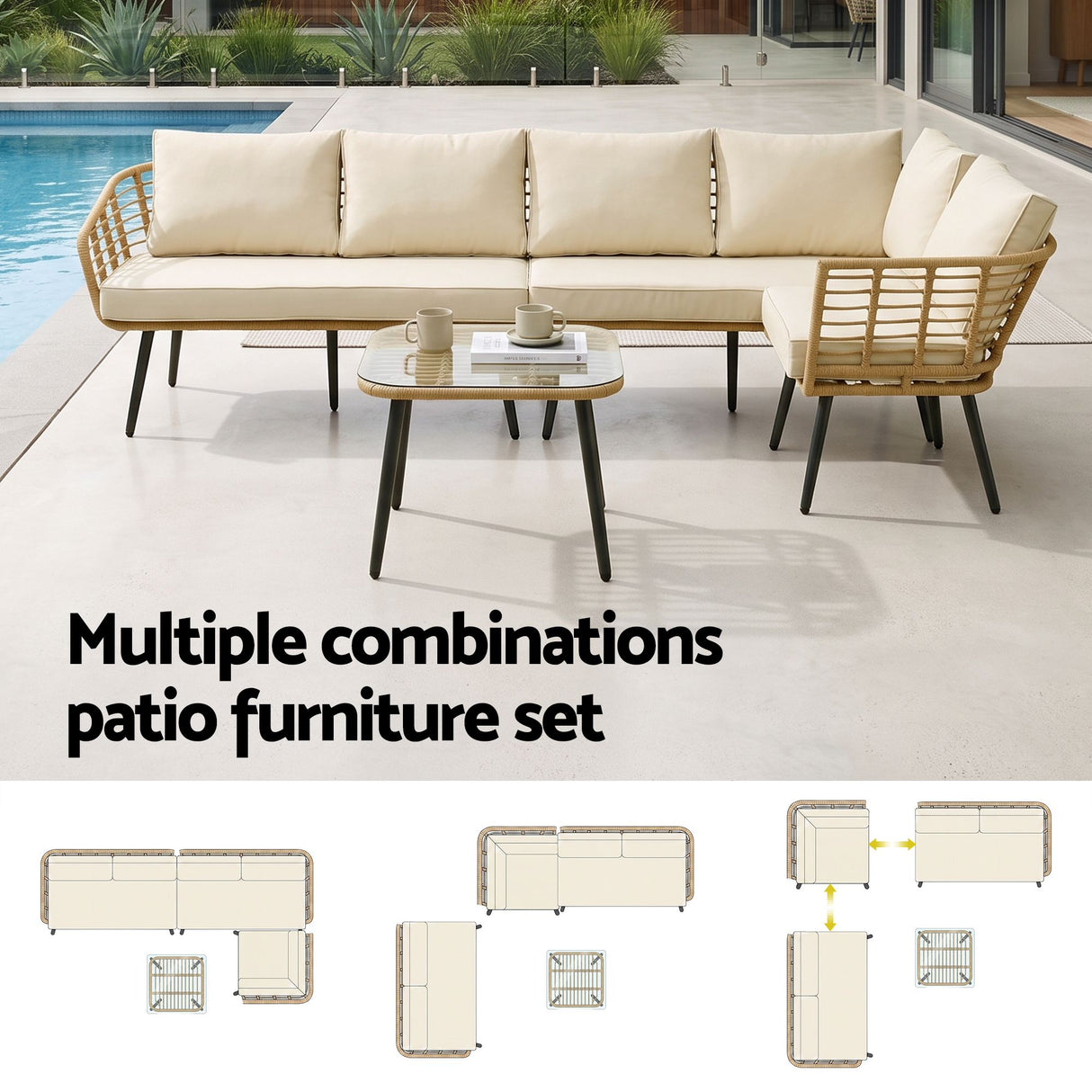 Nobby 4 Piece Outdoor Modular Lounge, Beige Rattan