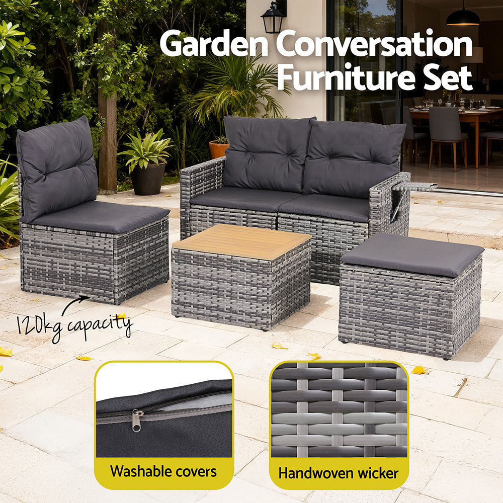 Sanctuary Cove 5 Piece Outdoor Corner Lounge Set, Grey Wicker