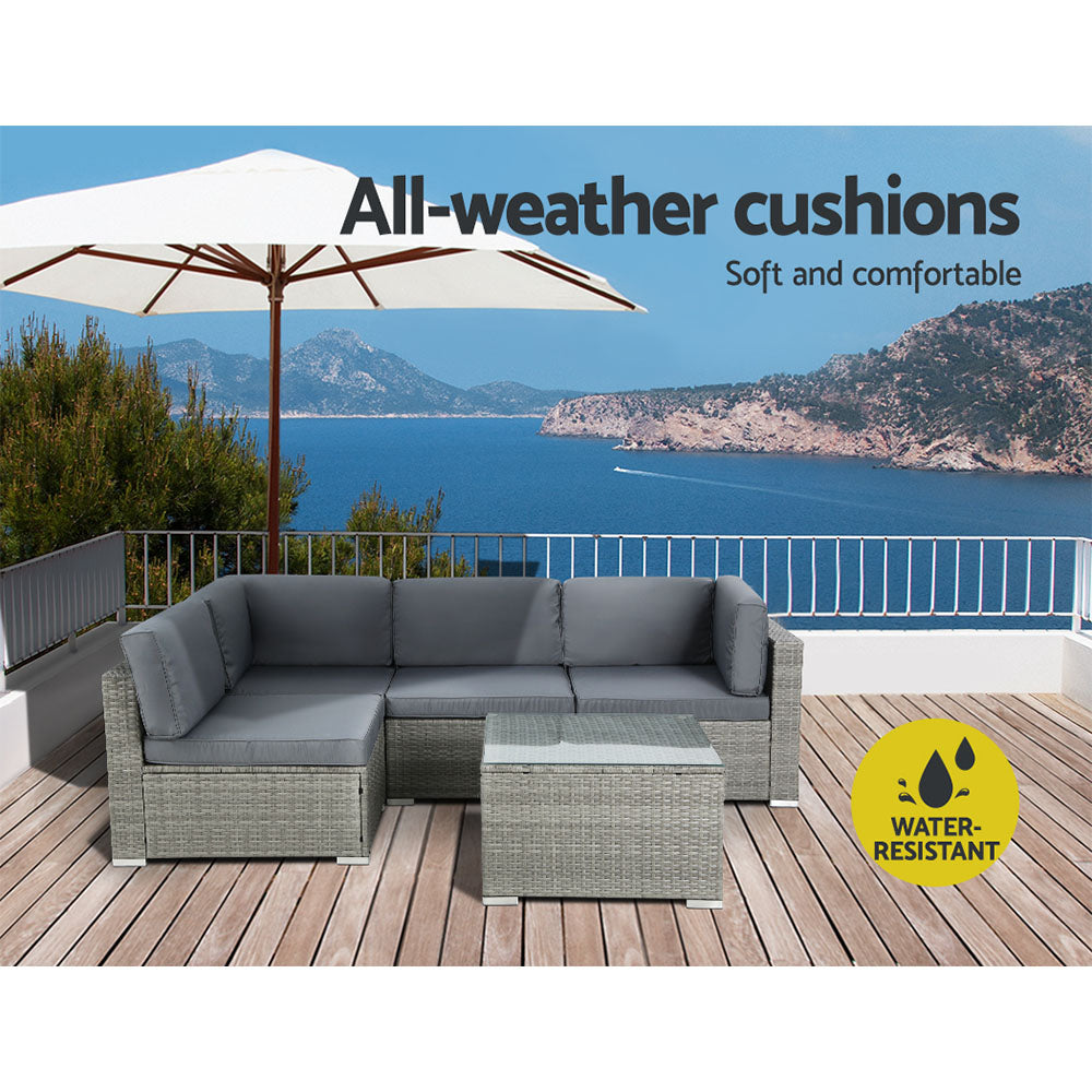 Kirra 5 Piece Outdoor Corner Lounge Set, Grey Wicker