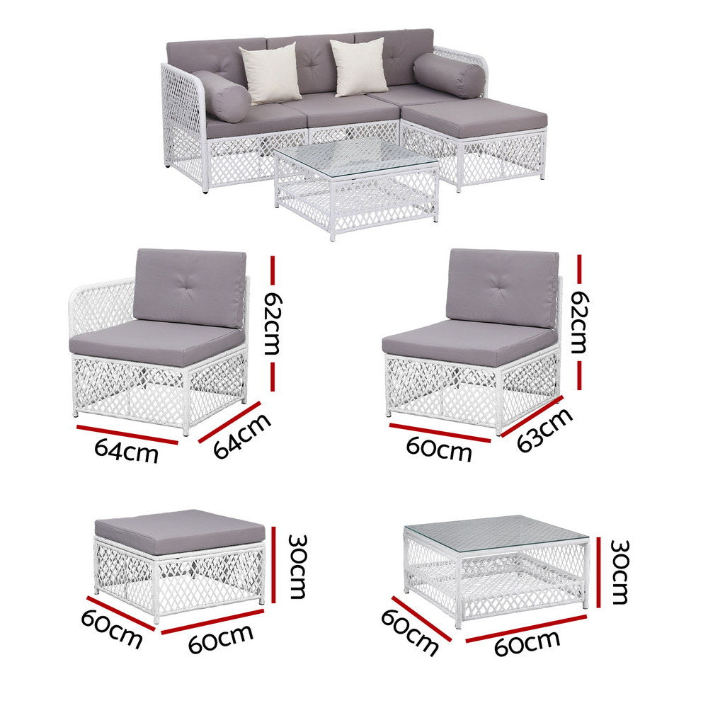 Mermaid 5 Piece Outdoor Corner Lounge Set, White Rattan