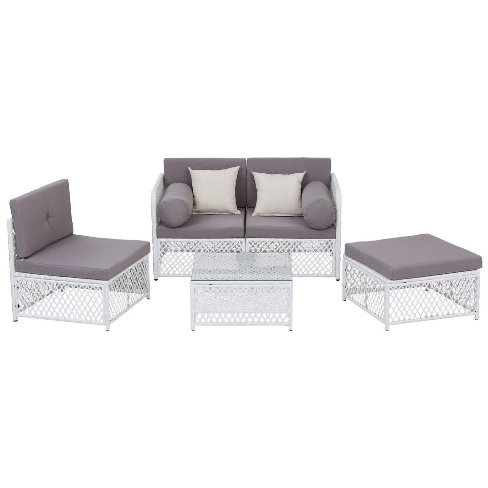Mermaid 5 Piece Outdoor Corner Lounge Set, White Rattan
