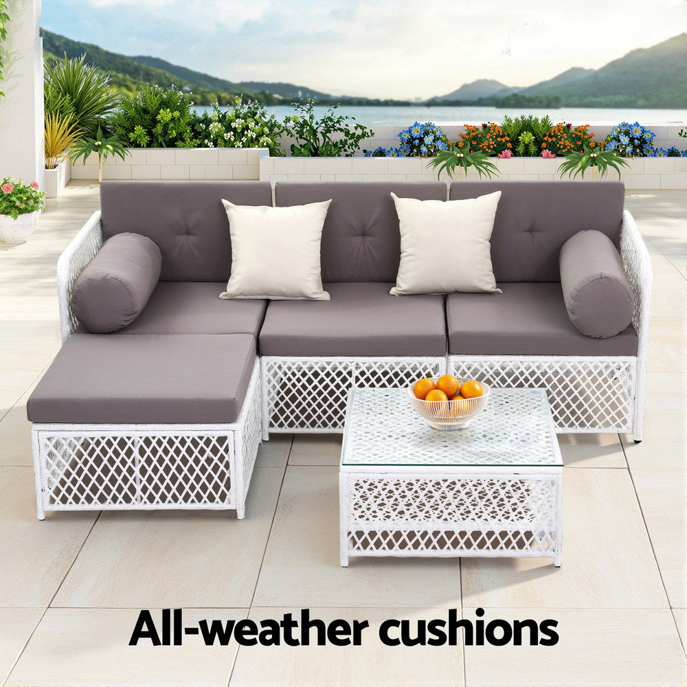 Mermaid 5 Piece Outdoor Corner Lounge Set, White Rattan