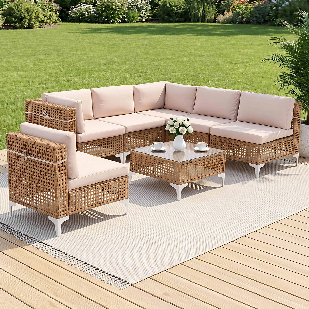 Miami beige rattan outdoor corner lounge set in an outdoor setting
