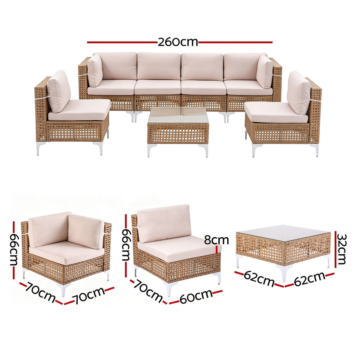 Miami 7 Piece Outdoor Corner Lounge Set, Beige Rattan