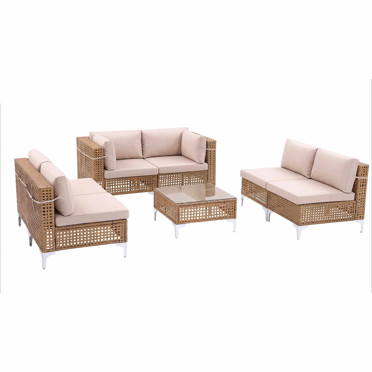 Miami 7 Piece Outdoor Corner Lounge Set, Beige Rattan