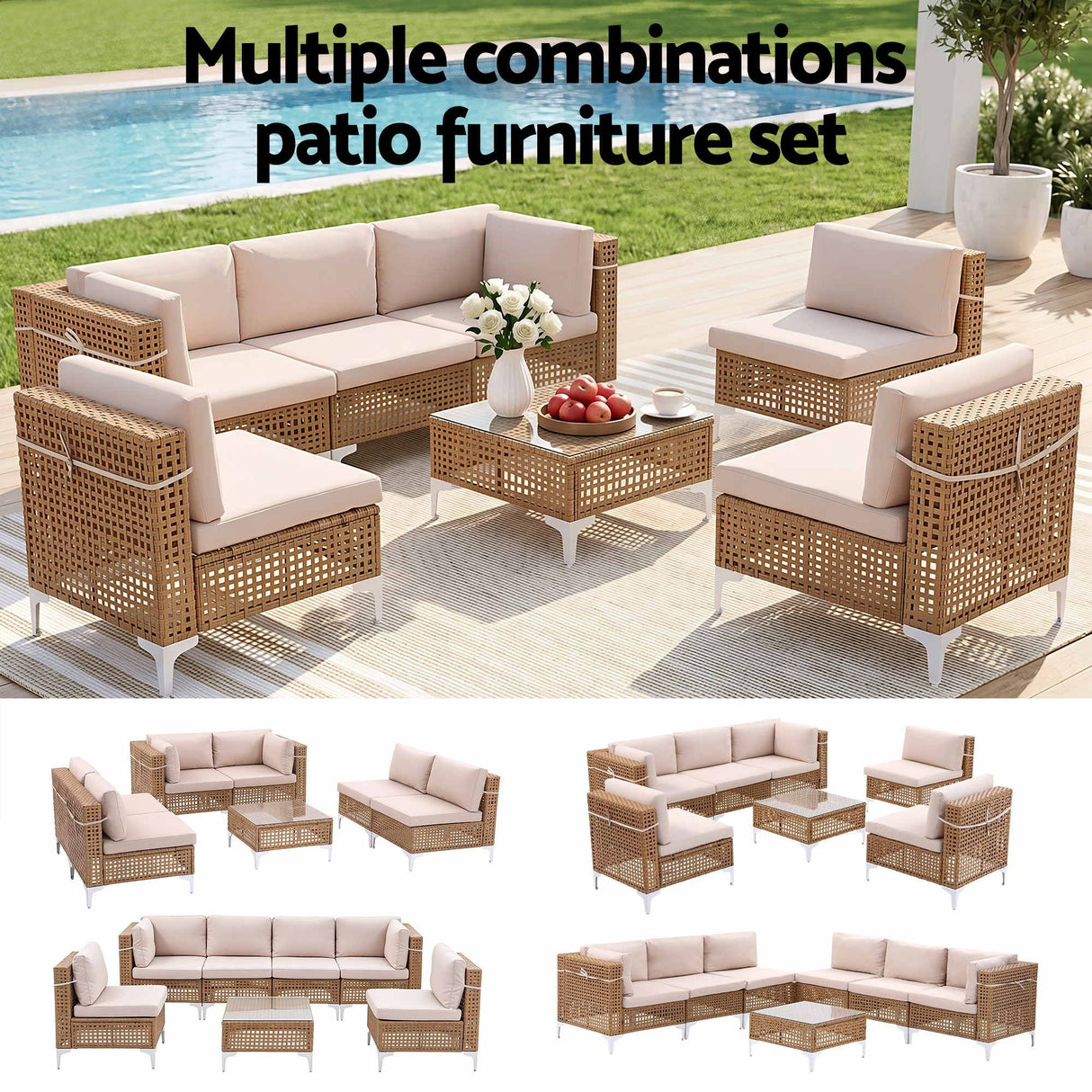 Miami 7 Piece Outdoor Corner Lounge Set, Beige Rattan