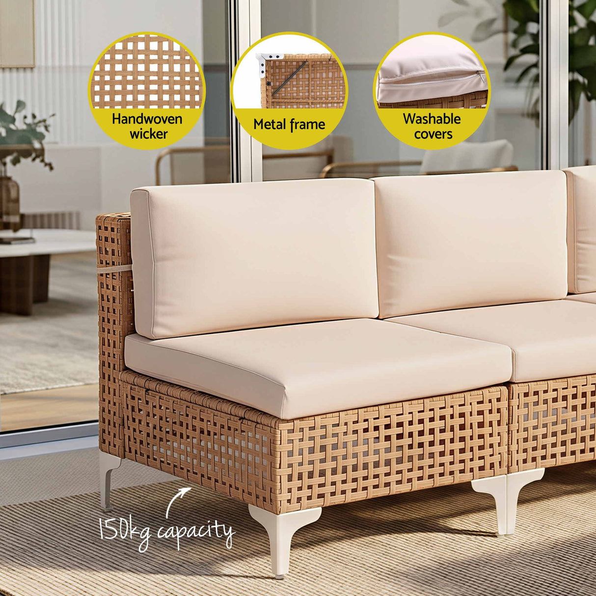 Miami 7 Piece Outdoor Corner Lounge Set, Beige Rattan