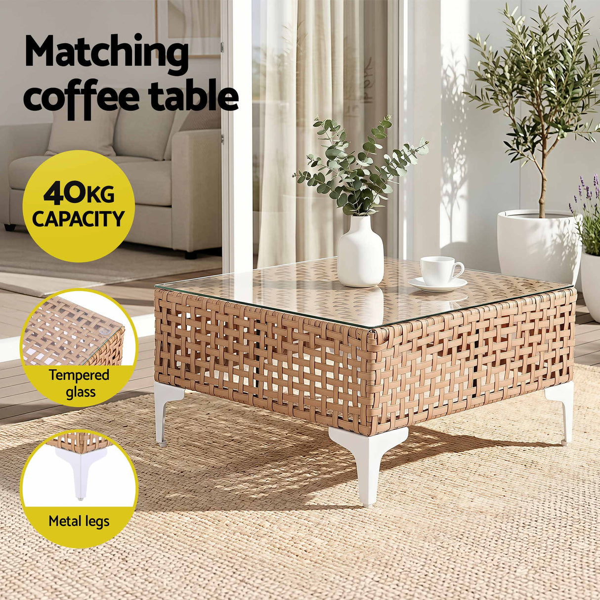 Miami 7 Piece Outdoor Corner Lounge Set, Beige Rattan