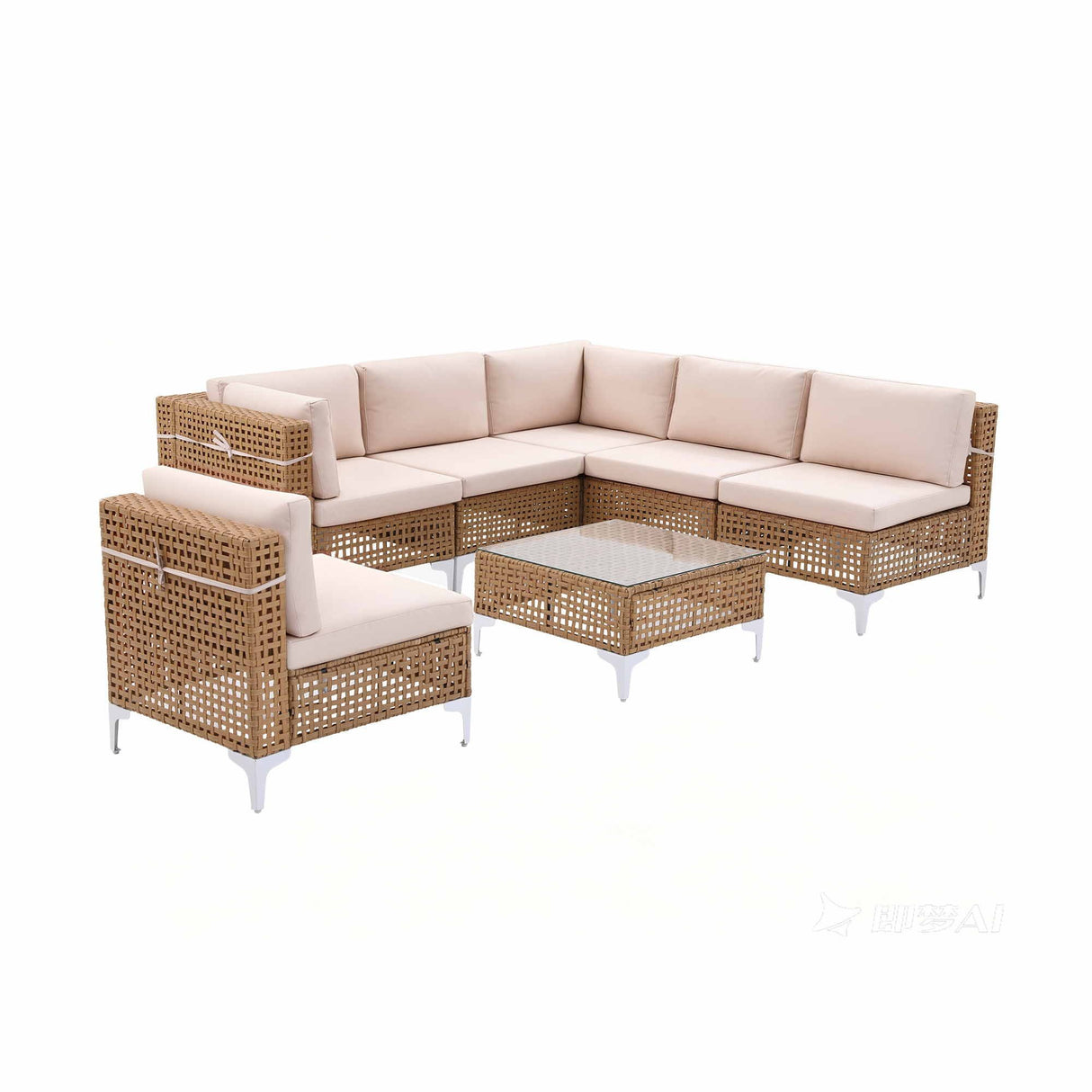 Miami 7 Piece Outdoor Corner Lounge Set, Beige Rattan