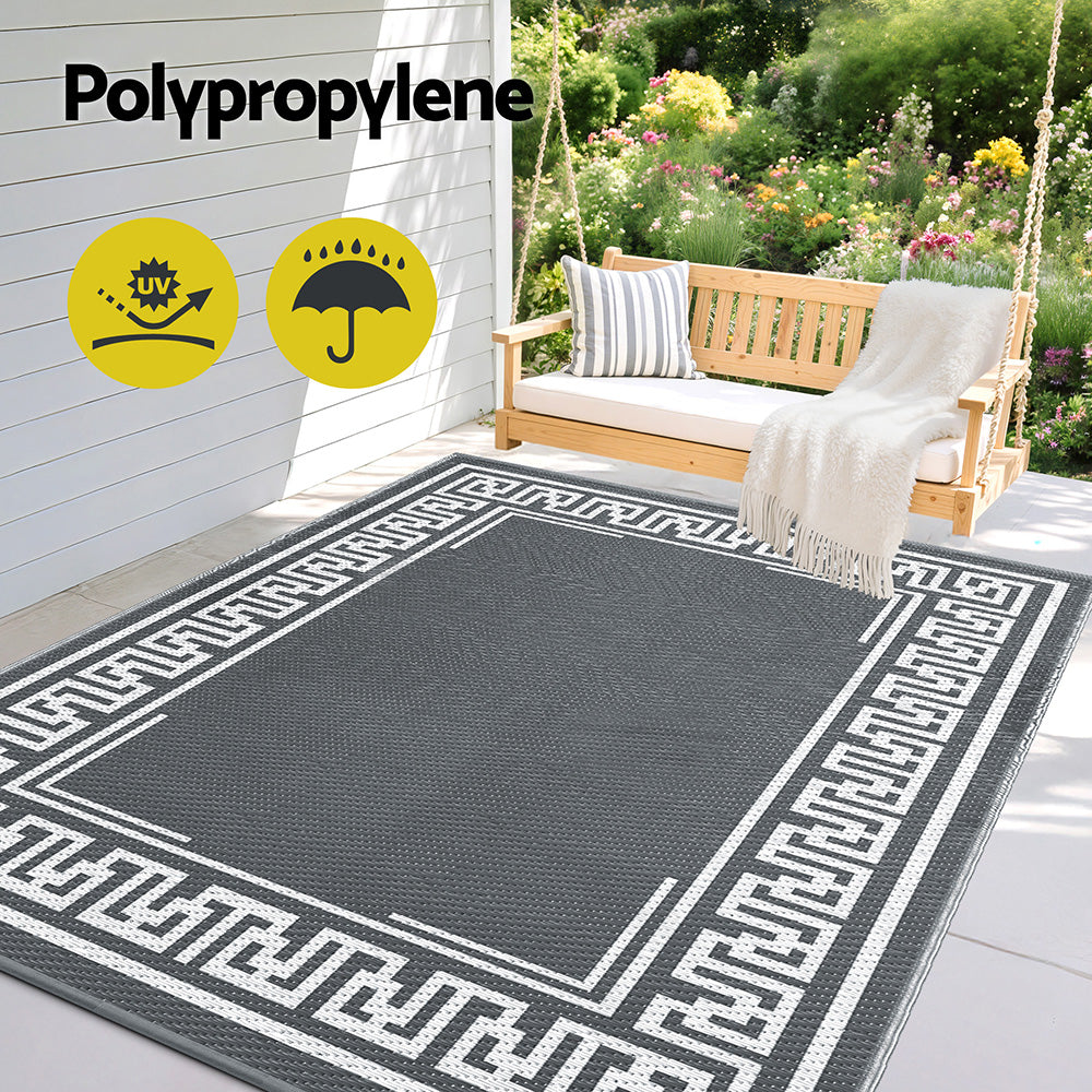 Bordered Geometric Reversible Outdoor Rug, Grey 152x244cm