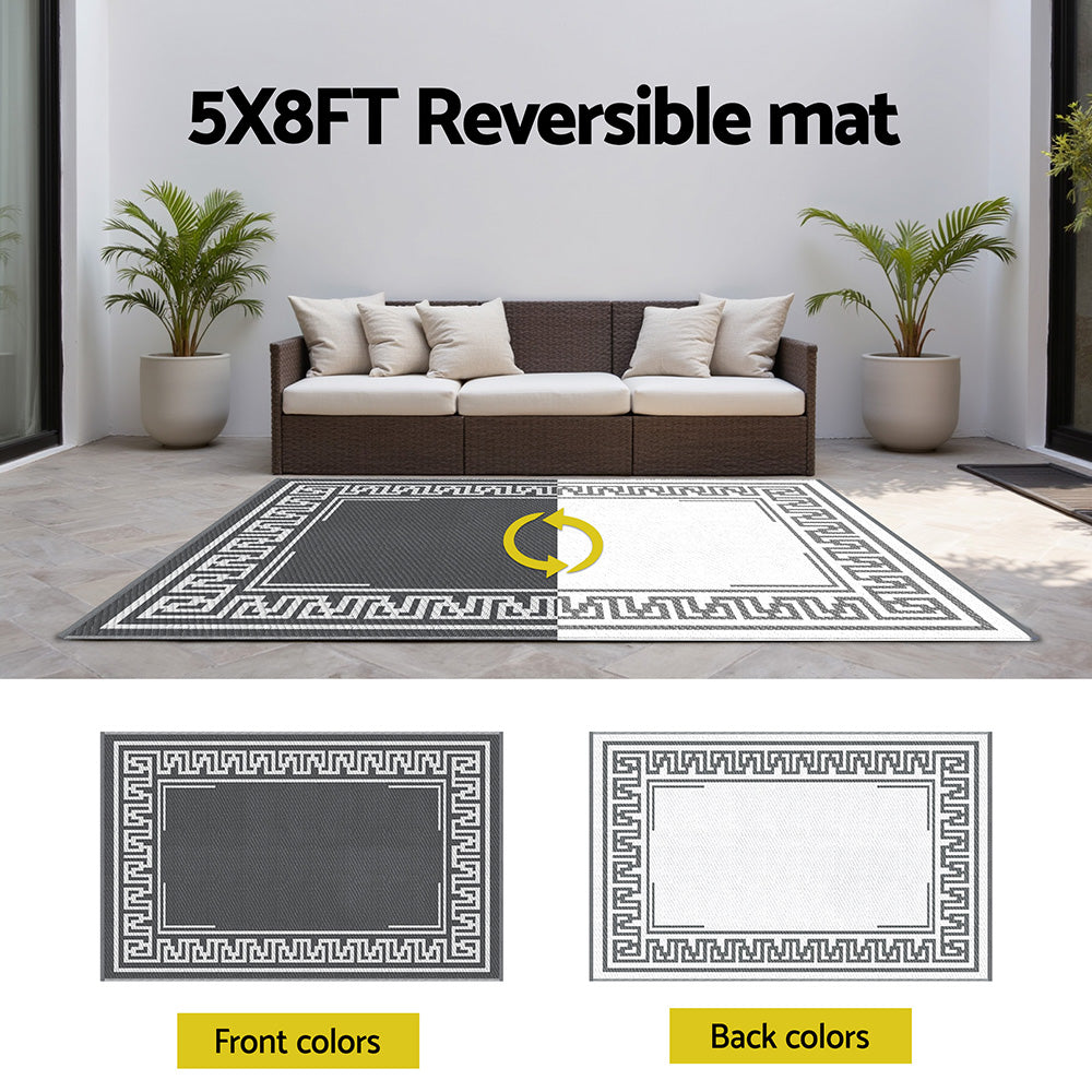 Bordered Geometric Reversible Outdoor Rug, Grey 152x244cm