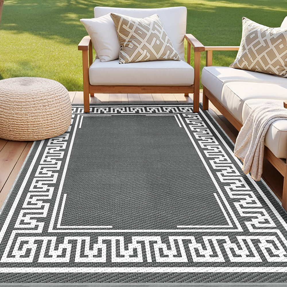 Bordered Geometric Reversible Outdoor Rug, Grey 152x244cm