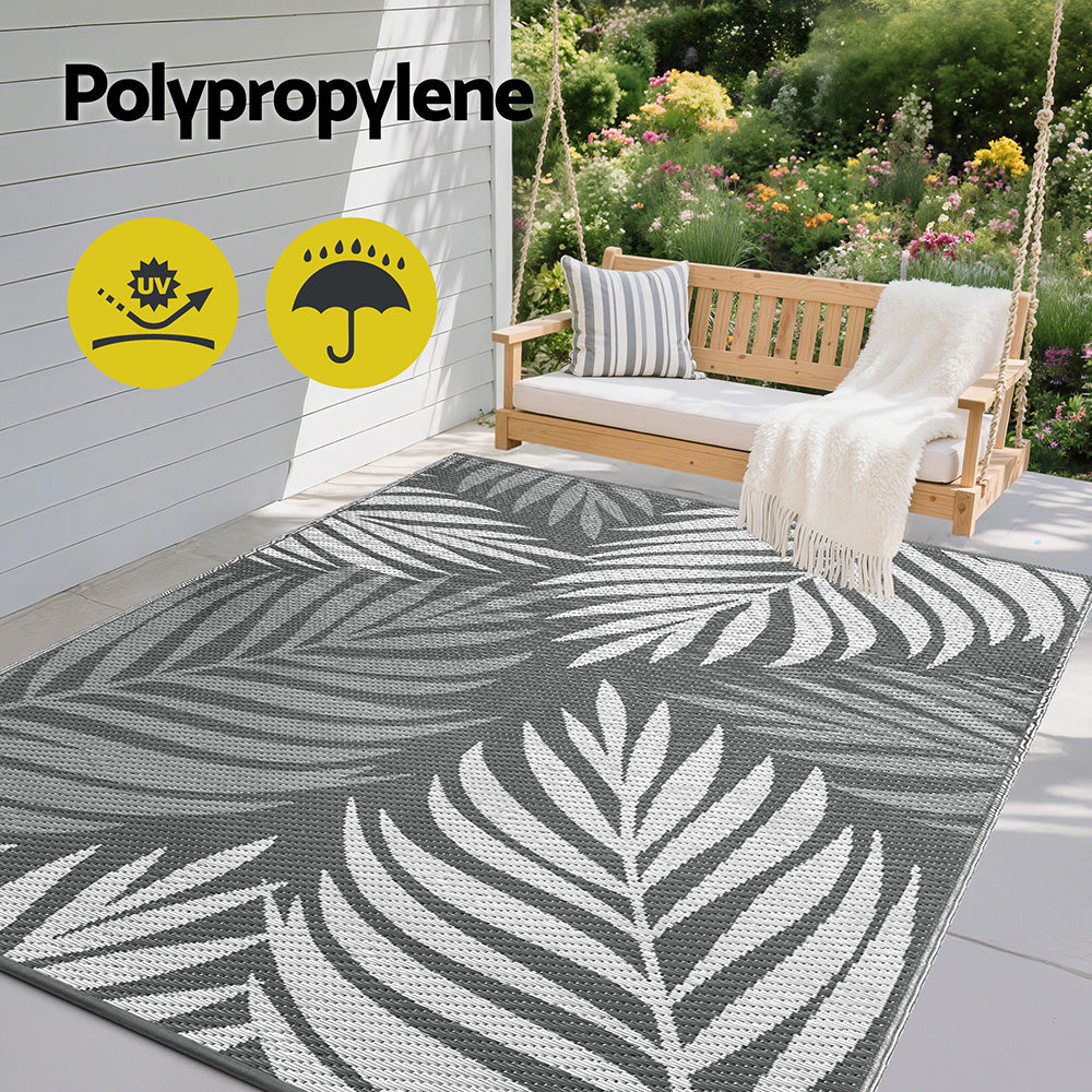 Botanical Leaf Reversible Outdoor Rug, Grey 152x244cm