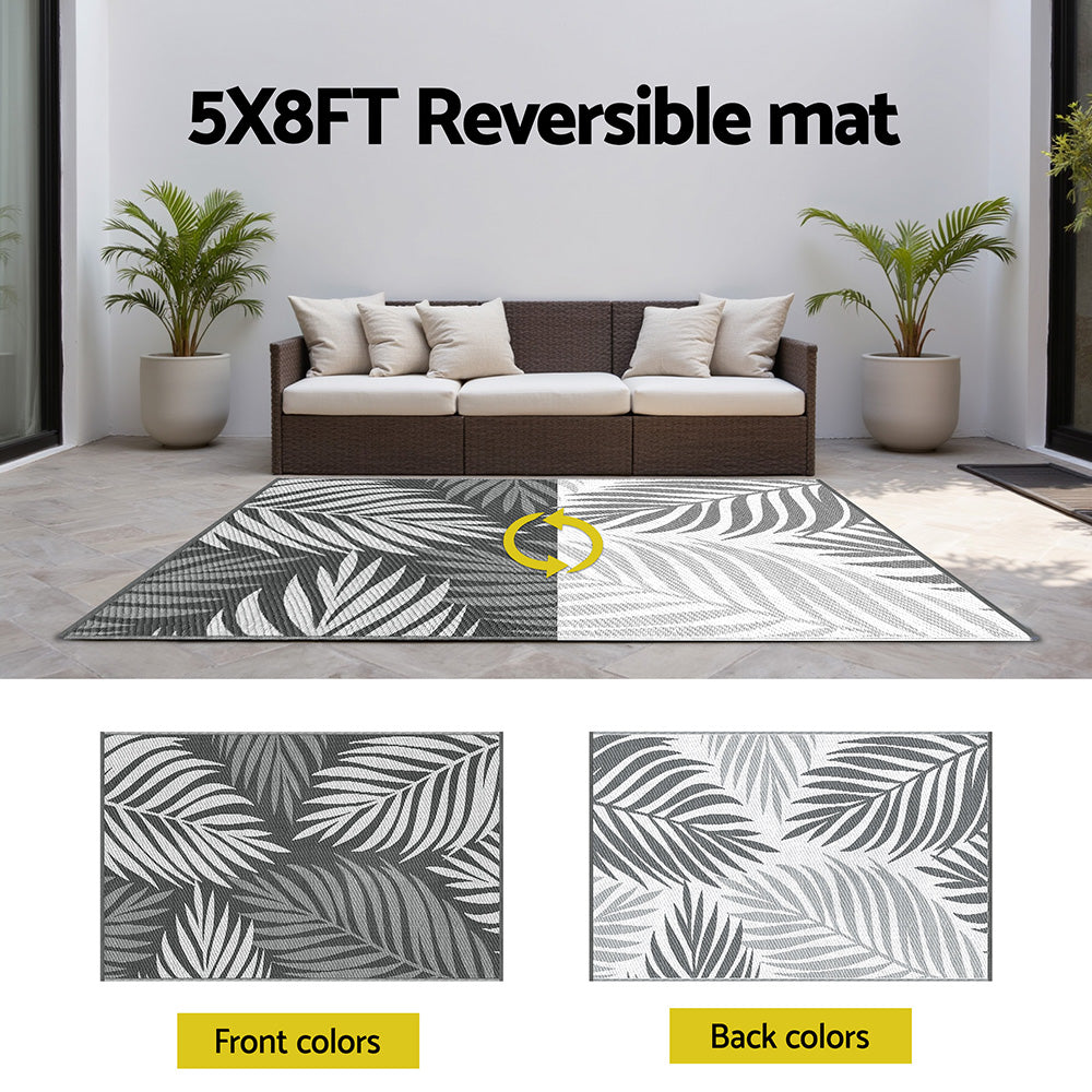 Botanical Leaf Reversible Outdoor Rug, Grey 152x244cm