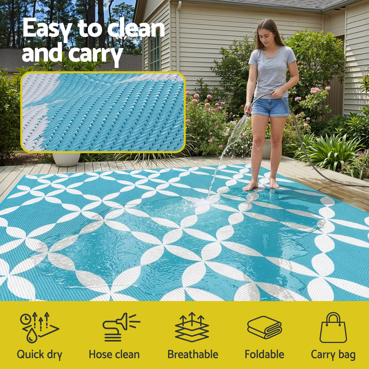 Reversible Floral Outdoor Rug, Light Blue 274x366cm