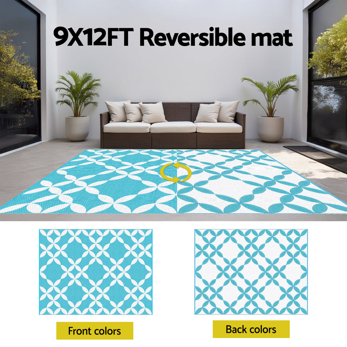 Reversible Floral Outdoor Rug, Light Blue 274x366cm