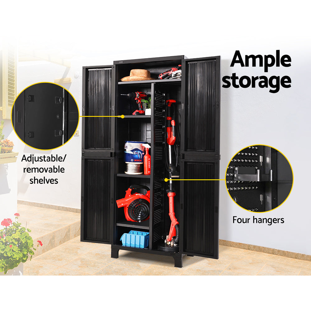 Black outdoor storage cabinet cupboard 173cm with pegboard hangers - image 5