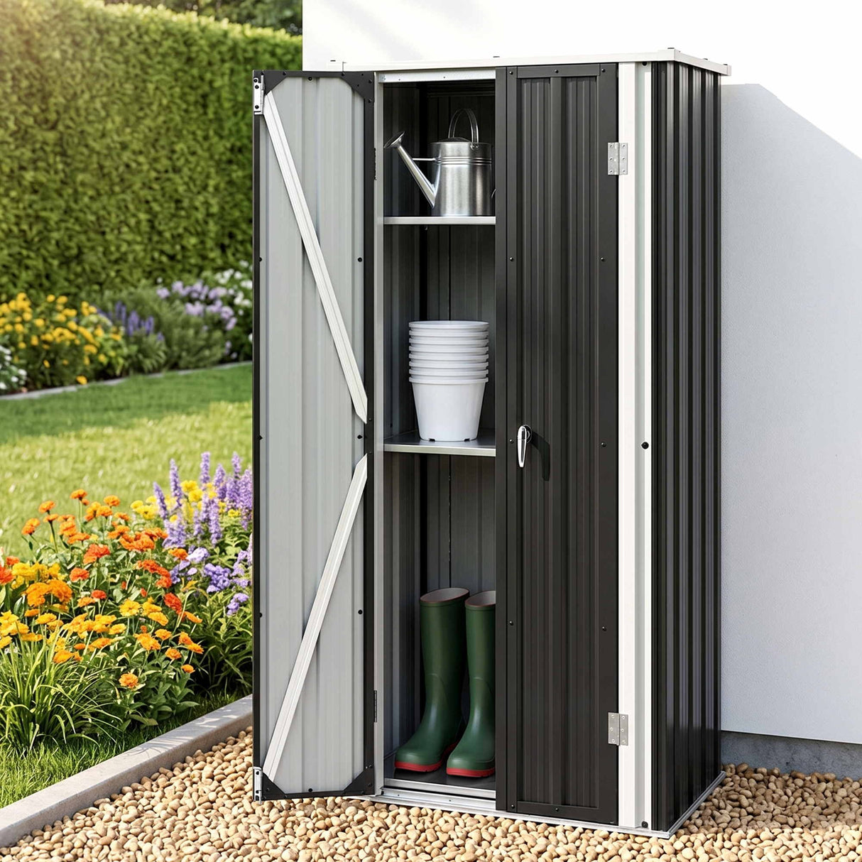 Black lockable outdoor storage cabinet with adjustable shelves