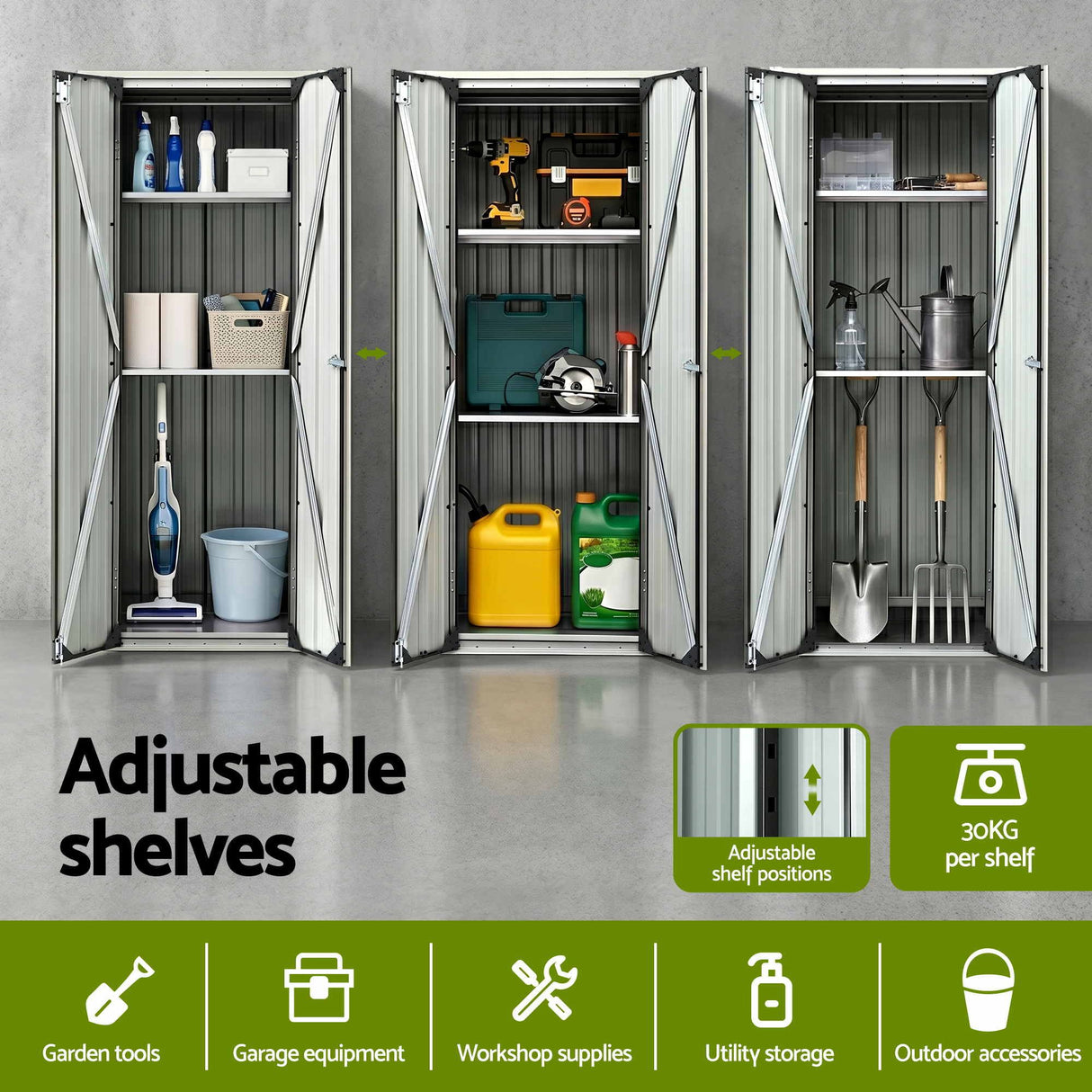 Black lockable outdoor storage cabinet with adjustable shelves (view 5)