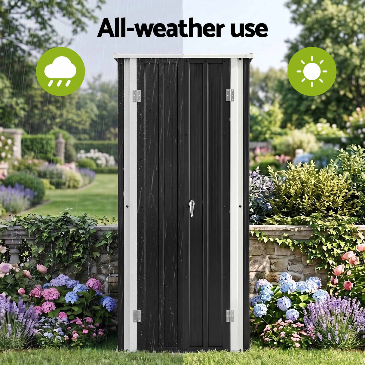 Black lockable outdoor storage cabinet with adjustable shelves (view 7)