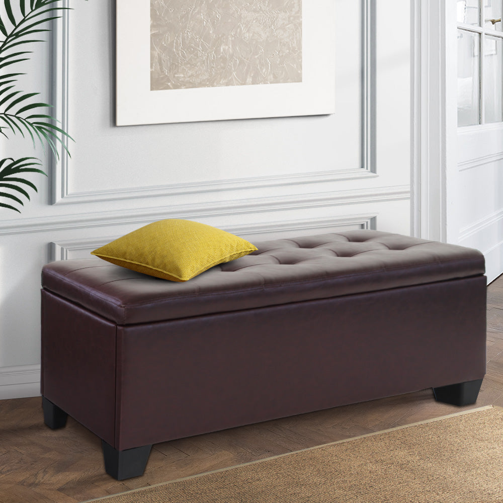 Artiss 97cm PU Leather Storage Ottoman Blanket Box Brown — Allure Home Collections