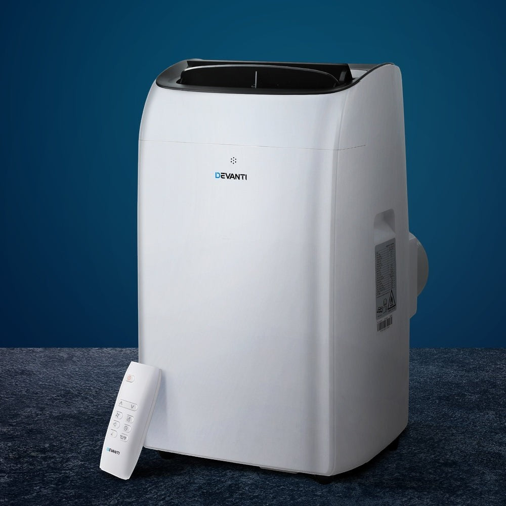 White 12000 BTU portable air conditioner with LCD display and castors