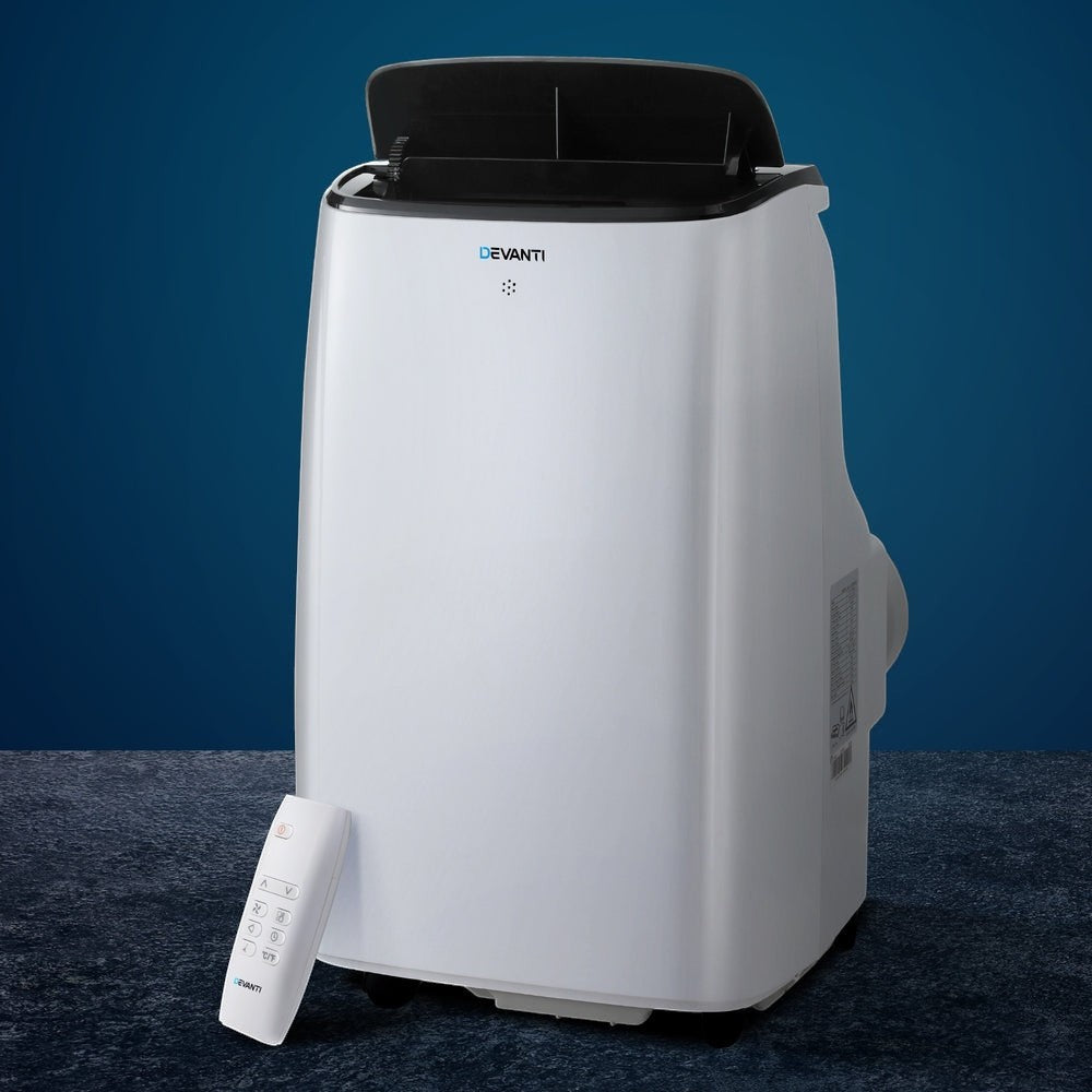 White 7000 BTU portable air conditioner with smart LCD display and castors