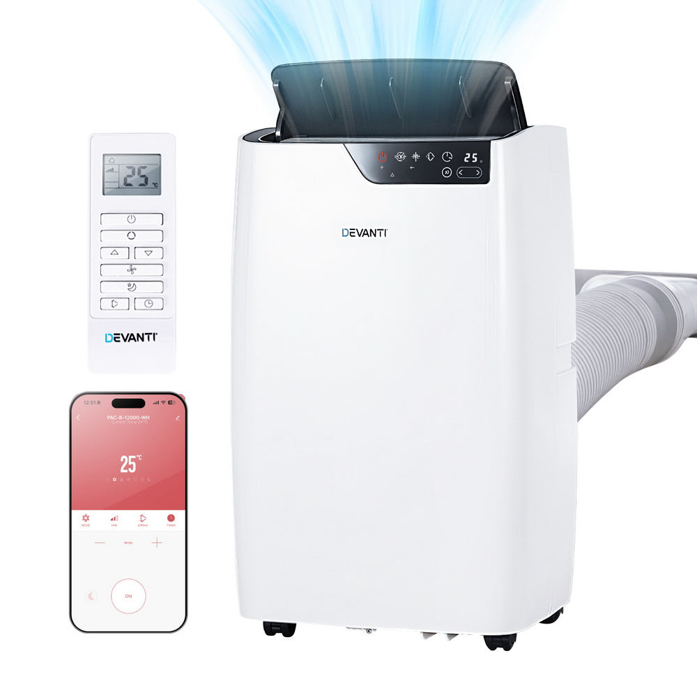 White 12000 BTU portable air conditioner with sensor touch panel and castors