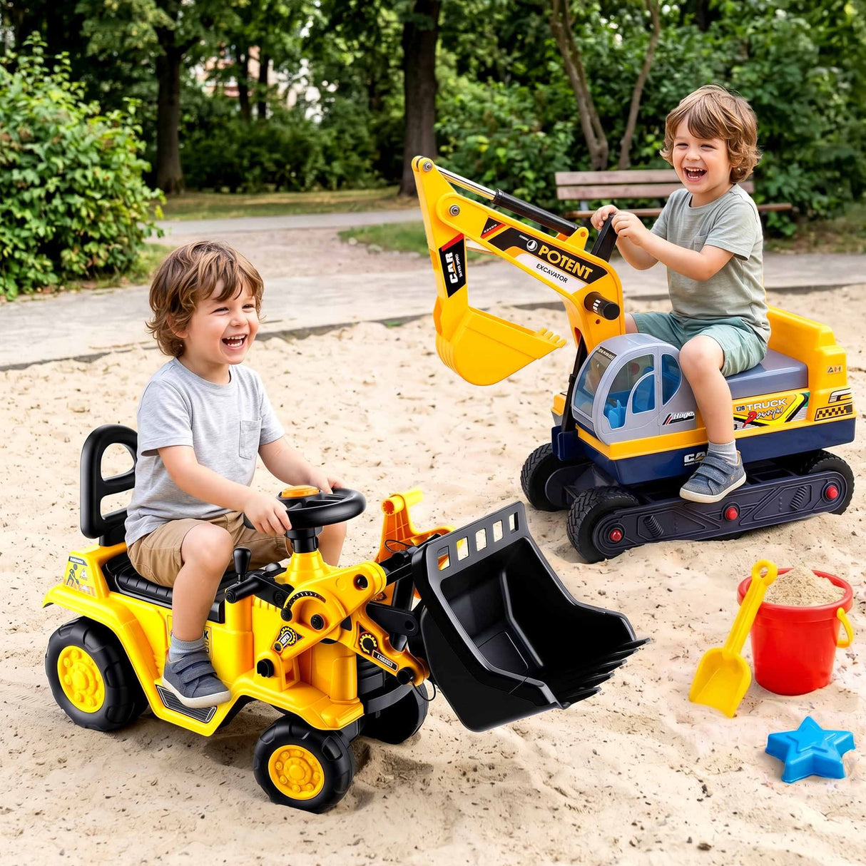 Yellow kids ride on bulldozer and digger with helmet