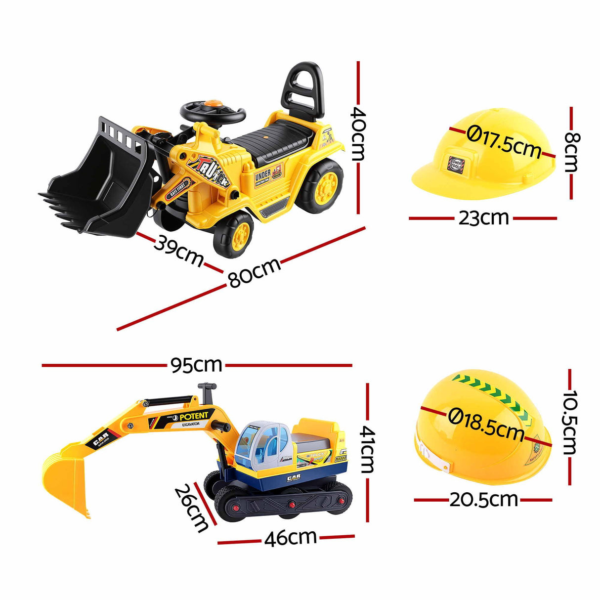 Yellow kids ride on bulldozer and digger with helmet