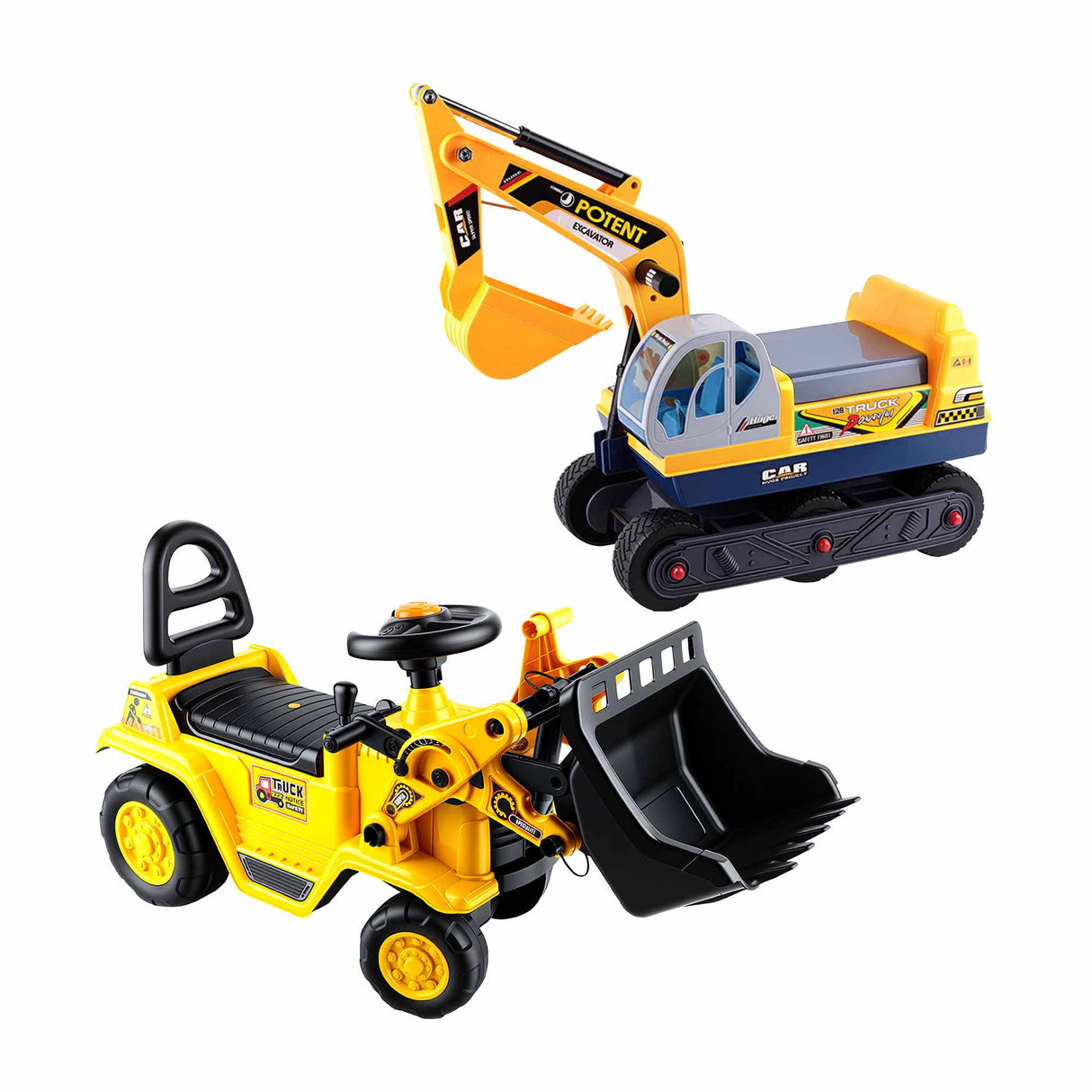 Yellow kids ride on bulldozer and digger with helmet