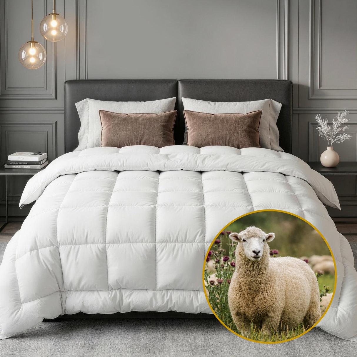 Oakridge extra thick 800GSM wool winter quilt on a Queen bed