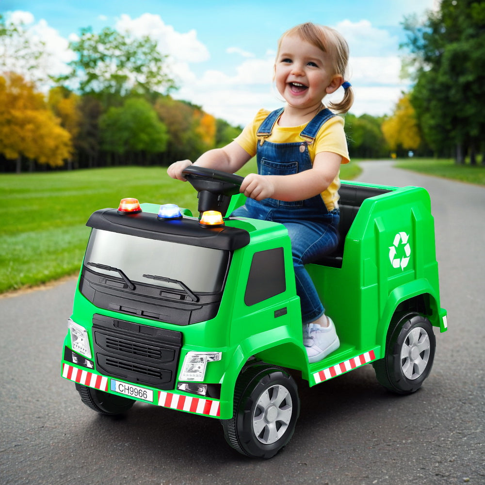 Green 12V electric ride on garbage truck for kids with flashing lights