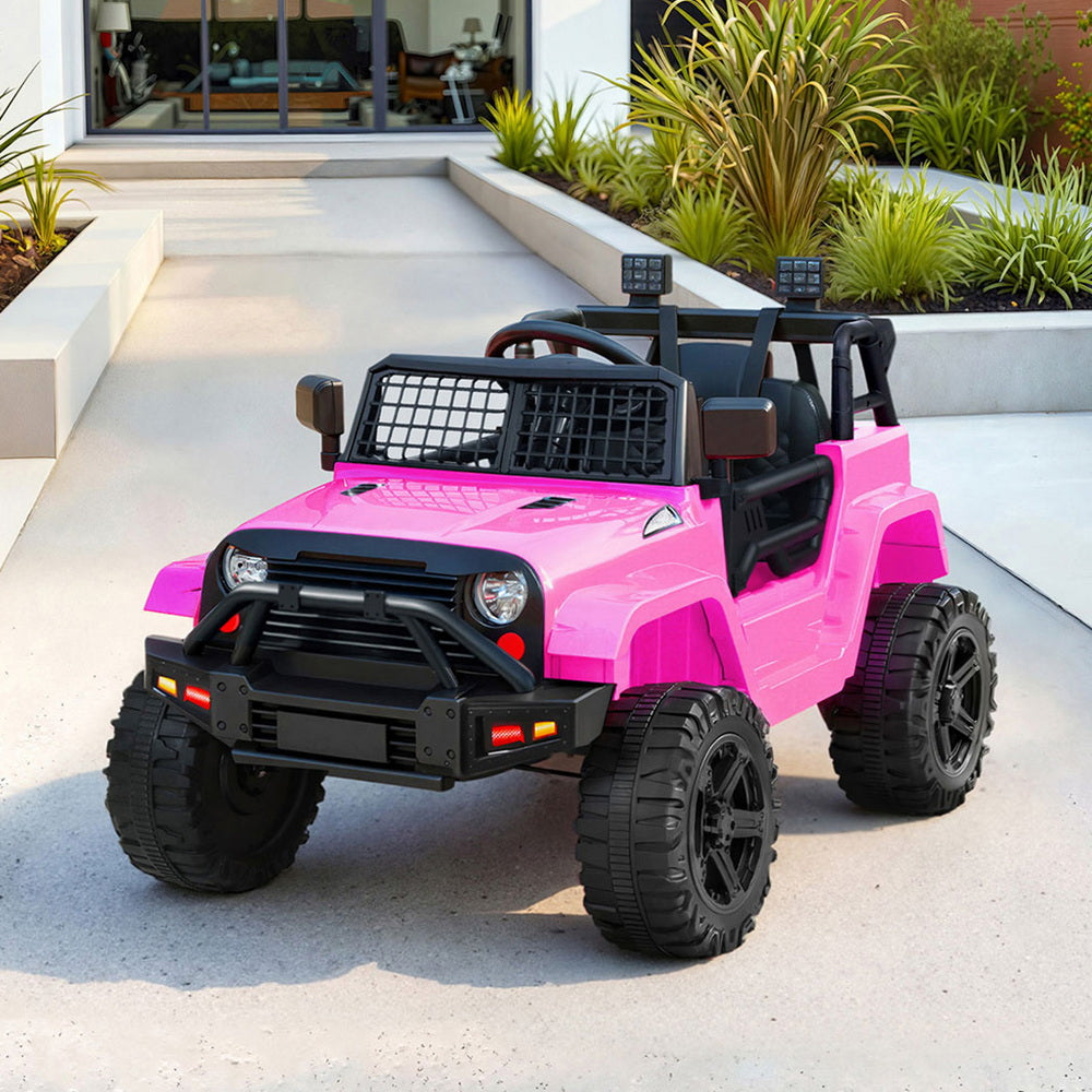 Pink 12V electric ride on jeep for kids with bold styling