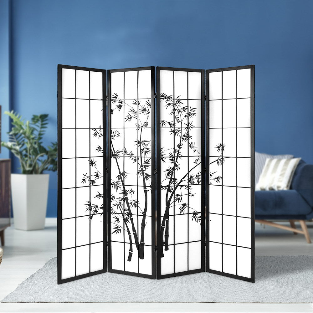 Metung 4 Panel Bamboo Room Divider Screen, Black and White