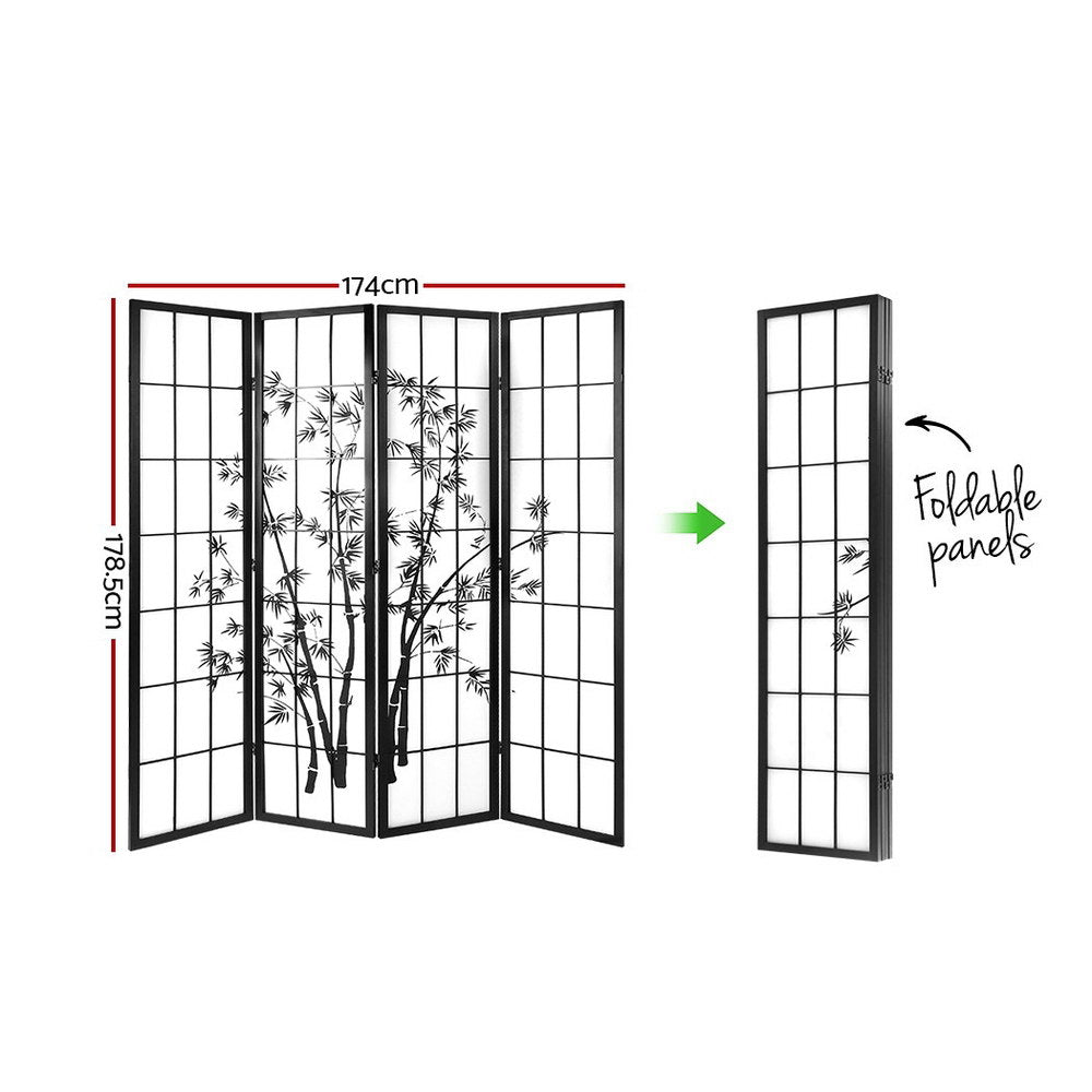 Metung 4 Panel Bamboo Room Divider Screen, Black and White