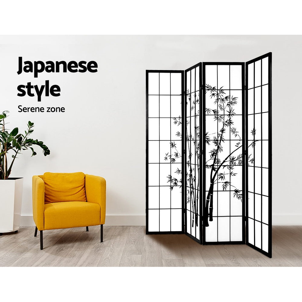 Metung 4 Panel Bamboo Room Divider Screen, Black and White