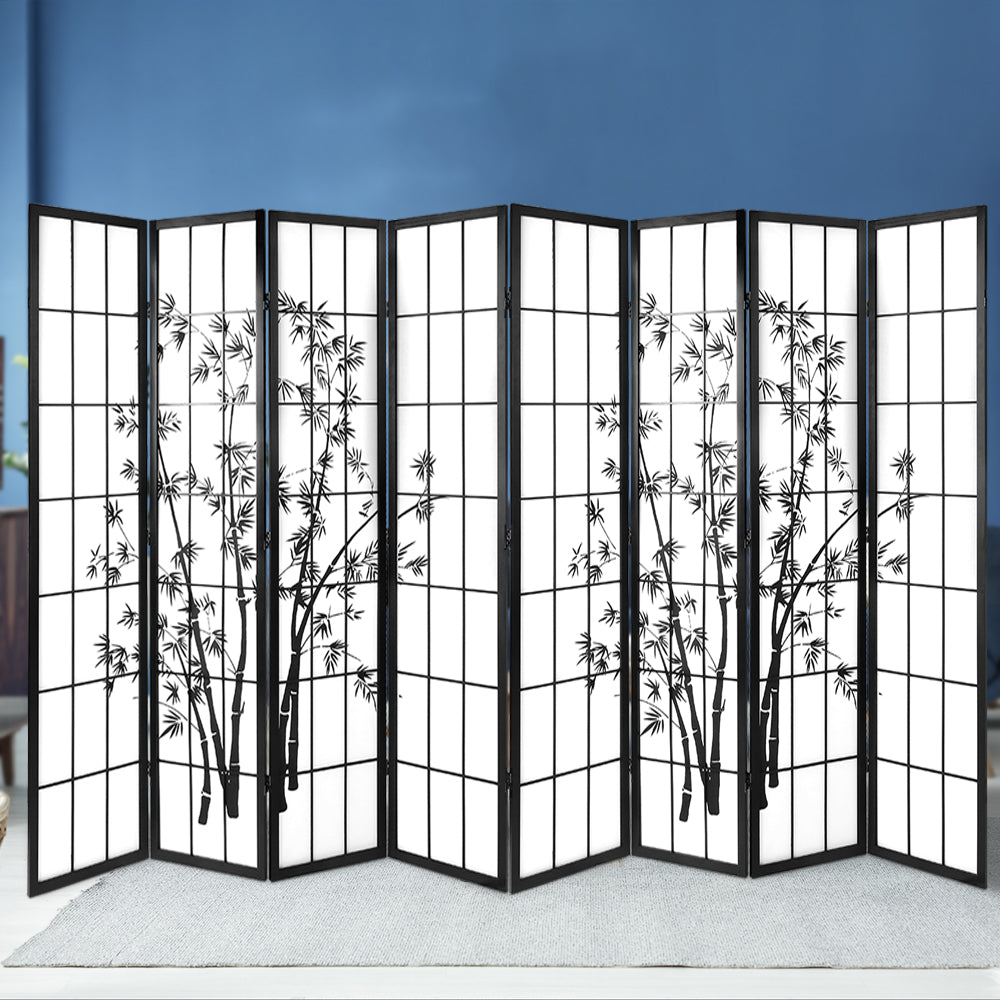 Metung 8 Panel Bamboo Room Divider Screen, Black and White