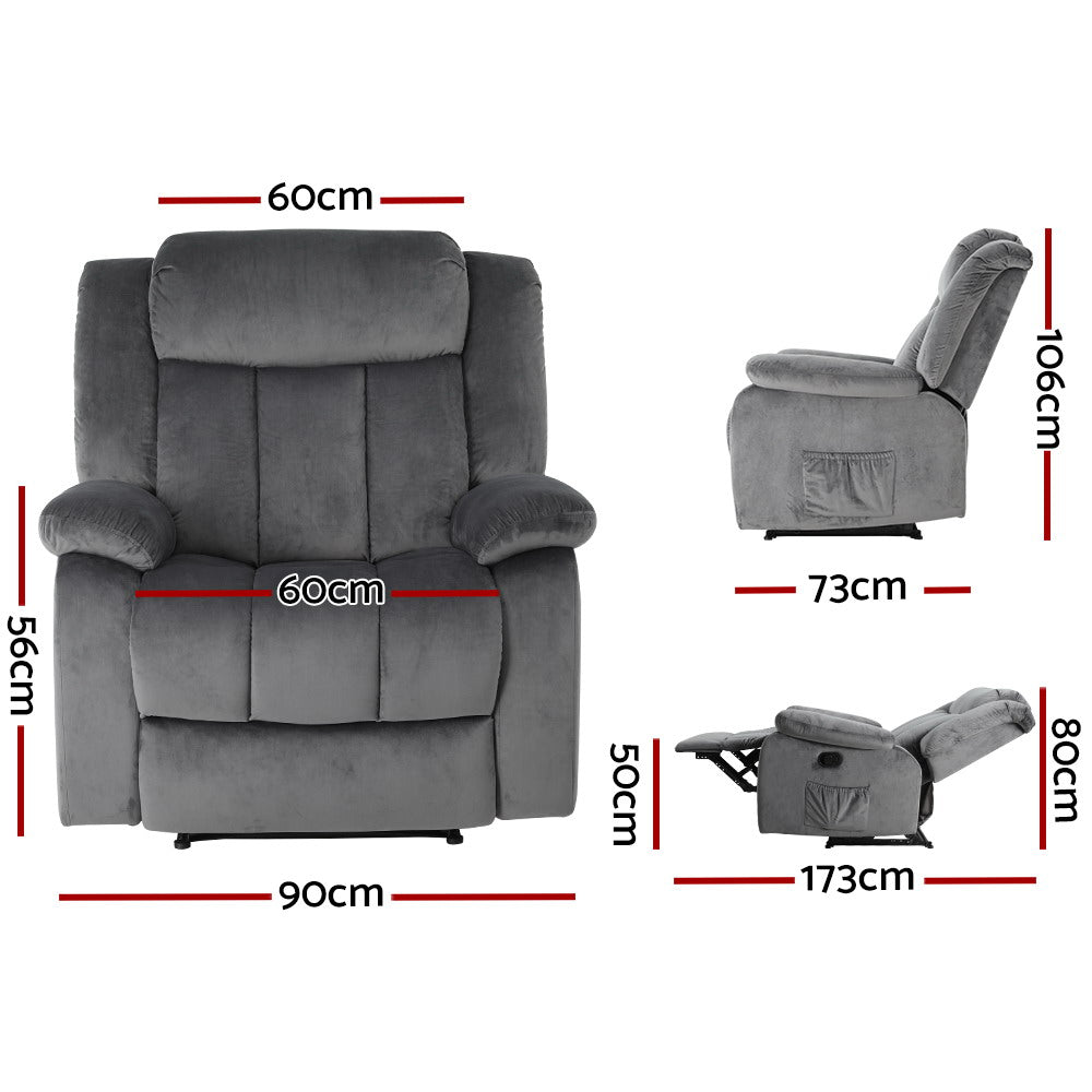 Artiss Electric Massage Recliner Chair — Grey Velvet, Heated, Lounge Sofa Style — Allure Home Collections