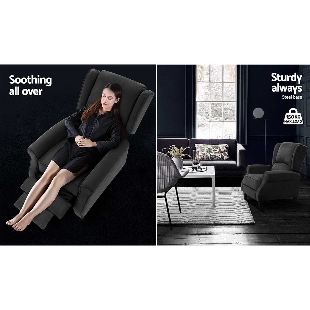 Artiss Charcoal Recliner Chair - Adjustable Soft Suede Lounge Armchair