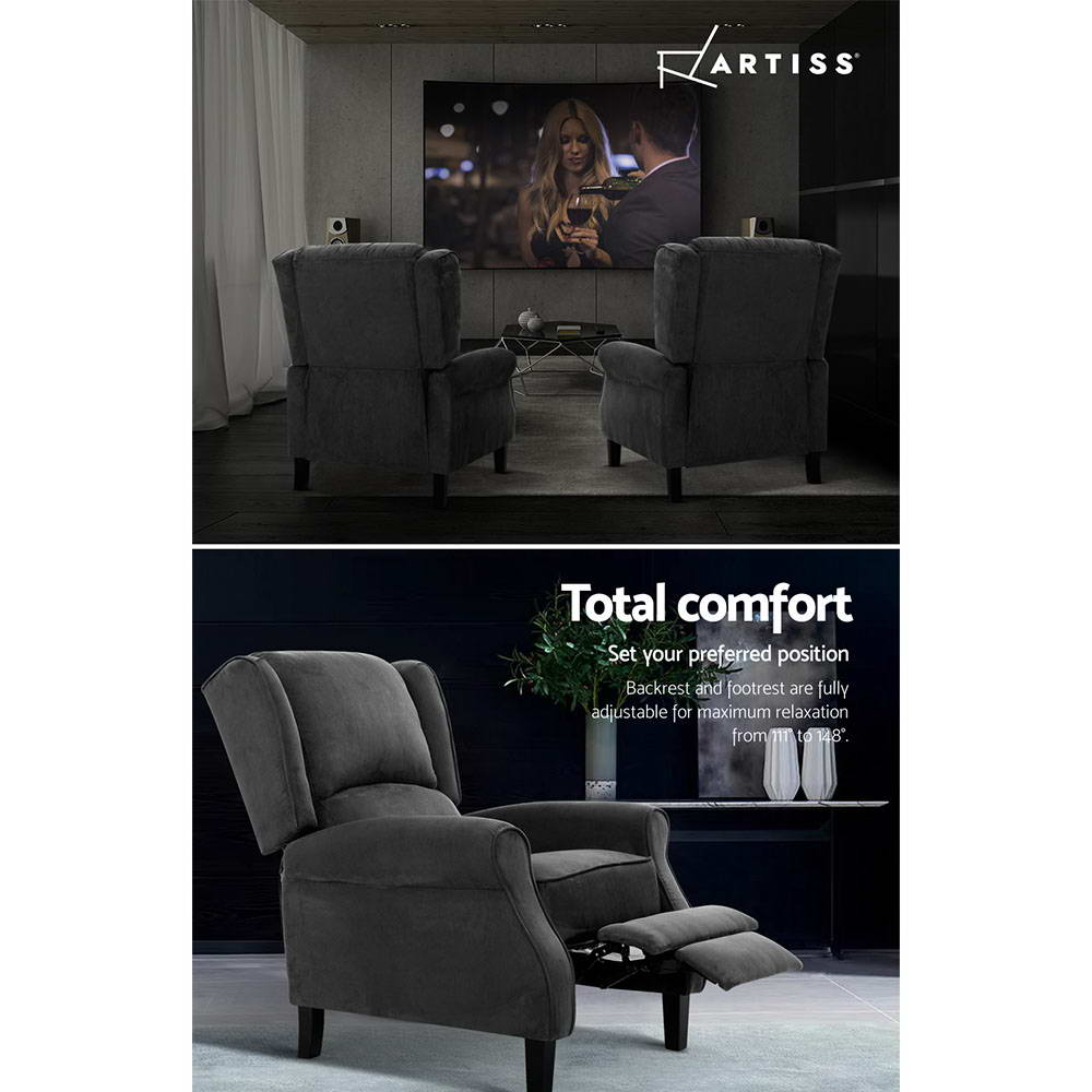 Artiss Charcoal Recliner Chair - Adjustable Soft Suede Lounge Armchair