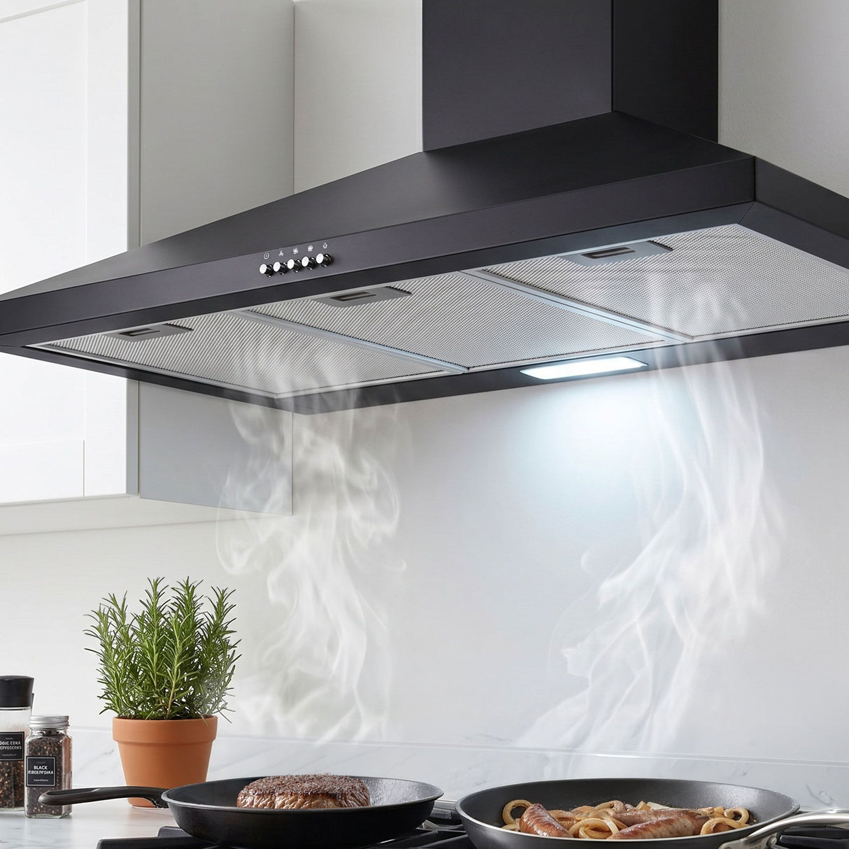 Black 900 mm wall mounted range hood, front view