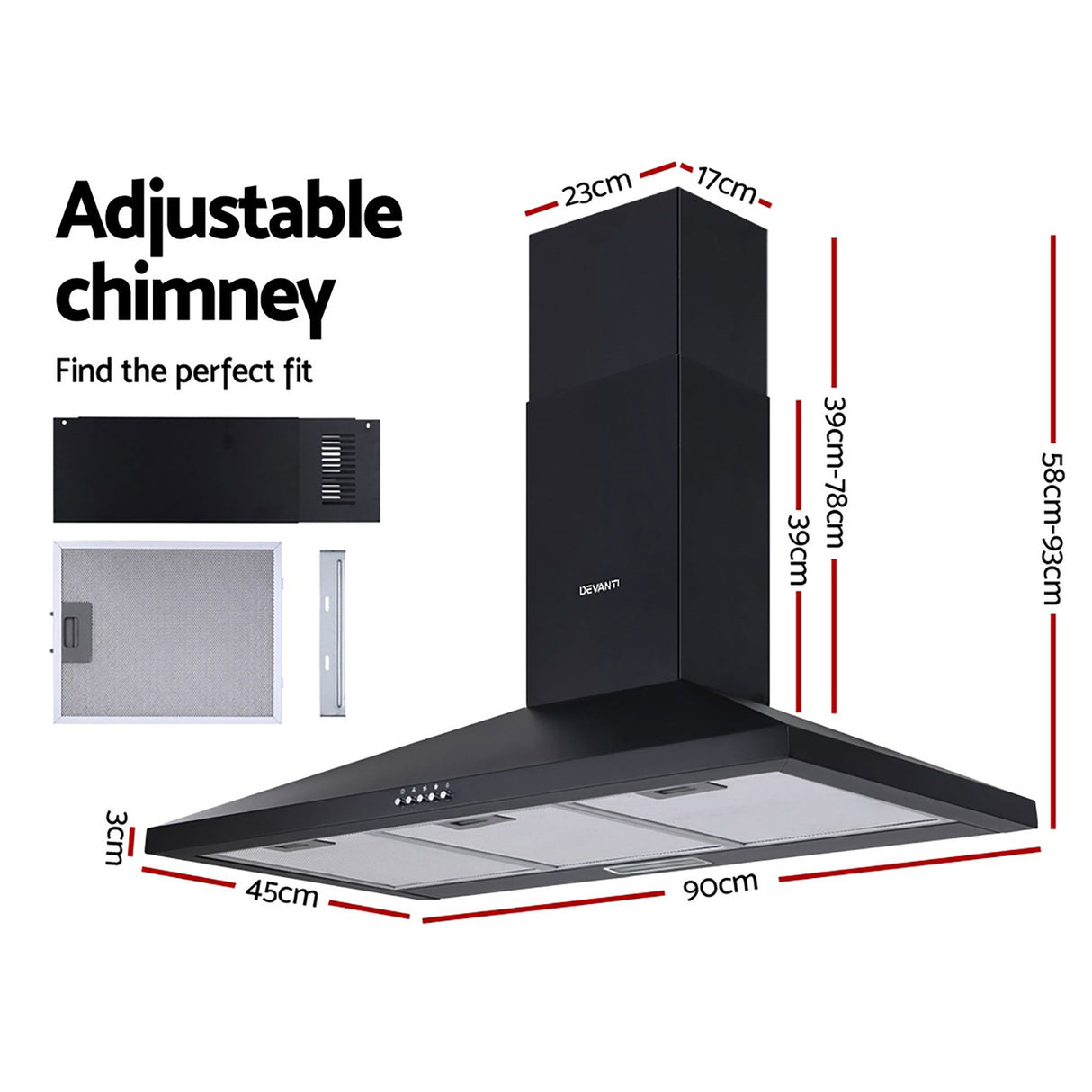 Black powder coated range hood shown at an angle with chimney